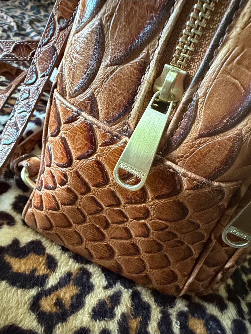 Brahmin Cognac Embossed Leather Mini Backpack - Picture 6 of 8